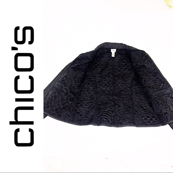 Rare Chico’s » Sexy Dark_Denim w/Stylish Floral Quilted Texture Zip-Up Jacket - Picture 4 of 14